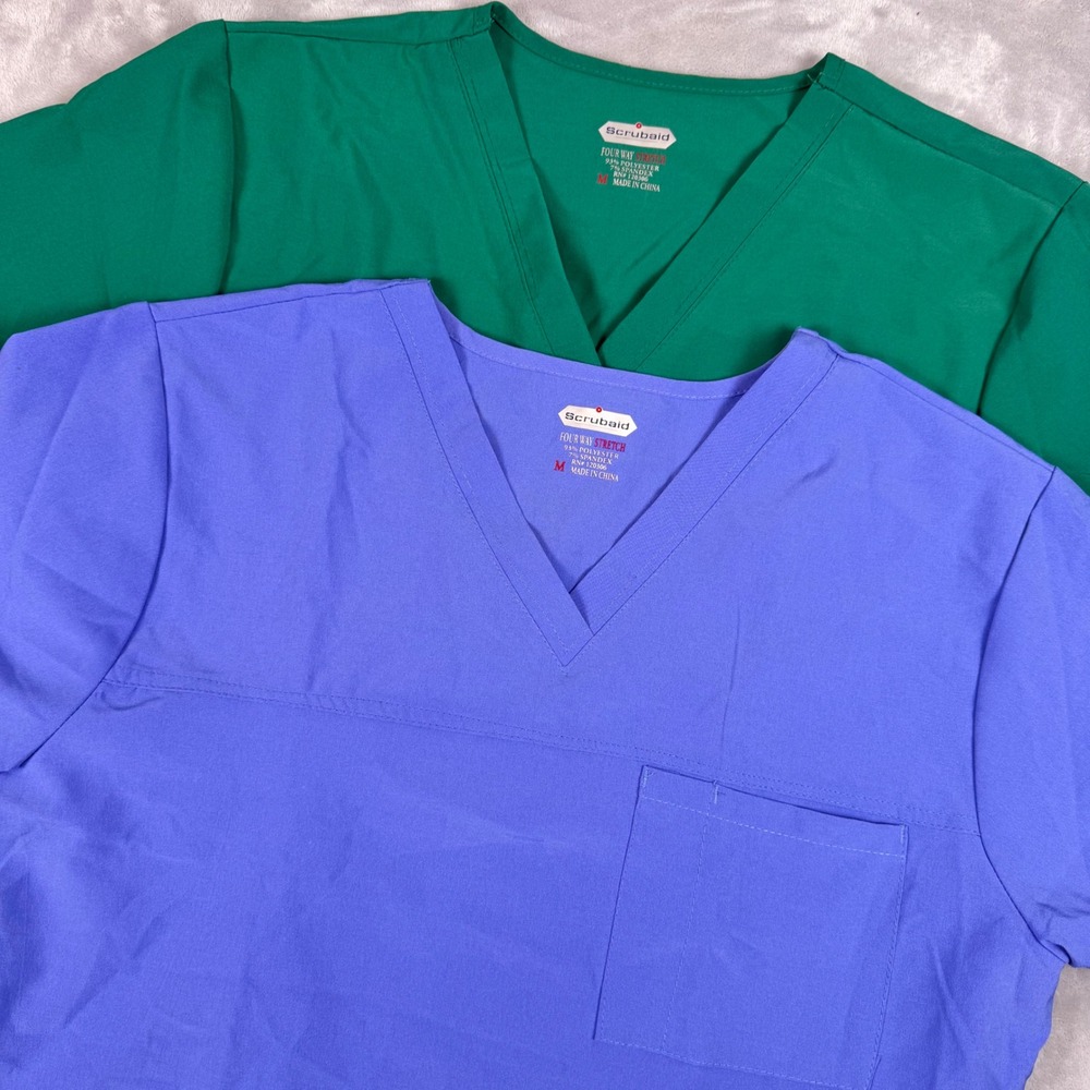 Scrubaid V-Neck Scrub Tops Lot of 2 Green Blue Four Way Stretch Womens Medium